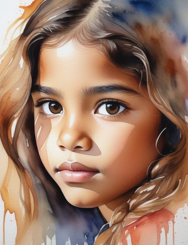 Create a mesmerizing watercolor artwork portraying a 12-year-old Mexican girl with caramel skin and straight, loosely curled hair. The focus is on a close-up of her face. Utilize the delicate strokes of watercolor to intricately capture every nuance. Craft a superior watercolor art piece that vividly showcases the unique features of her appearance.

