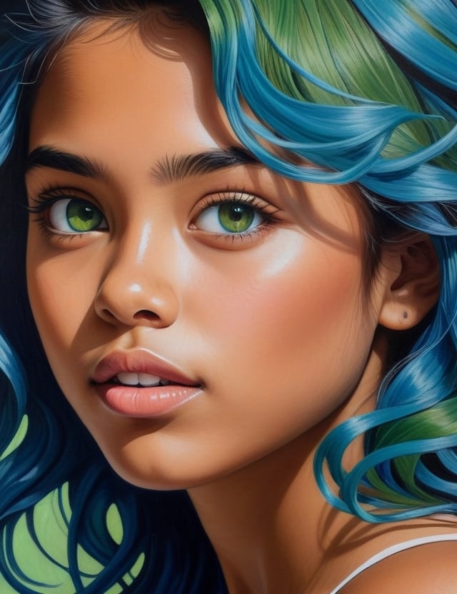 Craft an expressive gouache artwork on canvas featuring a 15-year-old Australian girl. Emphasize her caramel skin tone, green eyes, and tightly curled, cohesive blue hair in a close-up of her face. Infuse the expressive details reminiscent of Karla Ortiz's dynamic gouache techniques, ensuring superior quality and extreme attention to facial features. Capture the vibrancy seen in Helice Wen's portraits for a unique blend of color and emotion, drawing inspiration from the detailed technique of Audra Auclair to deliver a captivating and detailed artistic representation.

