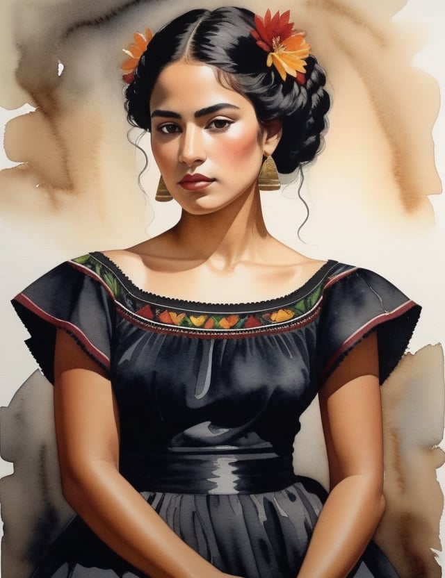 "Craft an exquisite 4K watercolor painting portraying the allure of a Mexican woman. Pay meticulous attention to details, depicting her warm, bronzed complexion, short, curly black hair, and a simple black dress. The composition should feature a frontal, close-up view of her face. Strive for extreme details inspired by artists like Diego Rivera, Frida Kahlo, and Winslow Homer."

,photorealistic