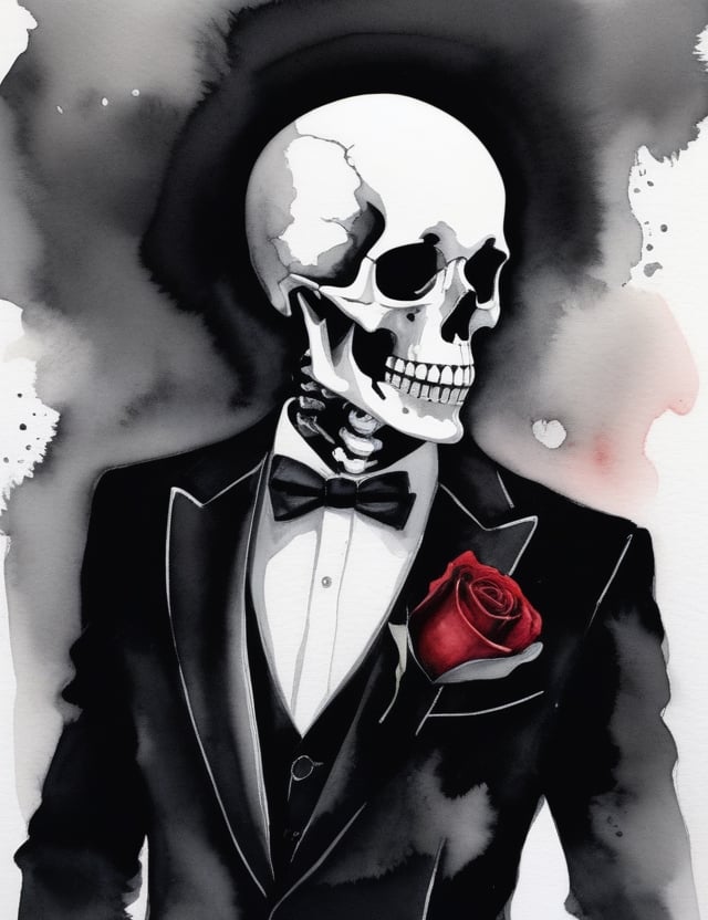 Create a haunting black and white watercolor artwork featuring a skeleton adorned in a black suit. The scene should be set in a dimly lit, ominous environment, with a red aura emanating from the skeleton. Pay careful attention to intricate details, capturing the interplay of shadows and highlights to enhance the eerie atmosphere. The skeleton's attire and the red aura should evoke a sense of mystery and darkness.

