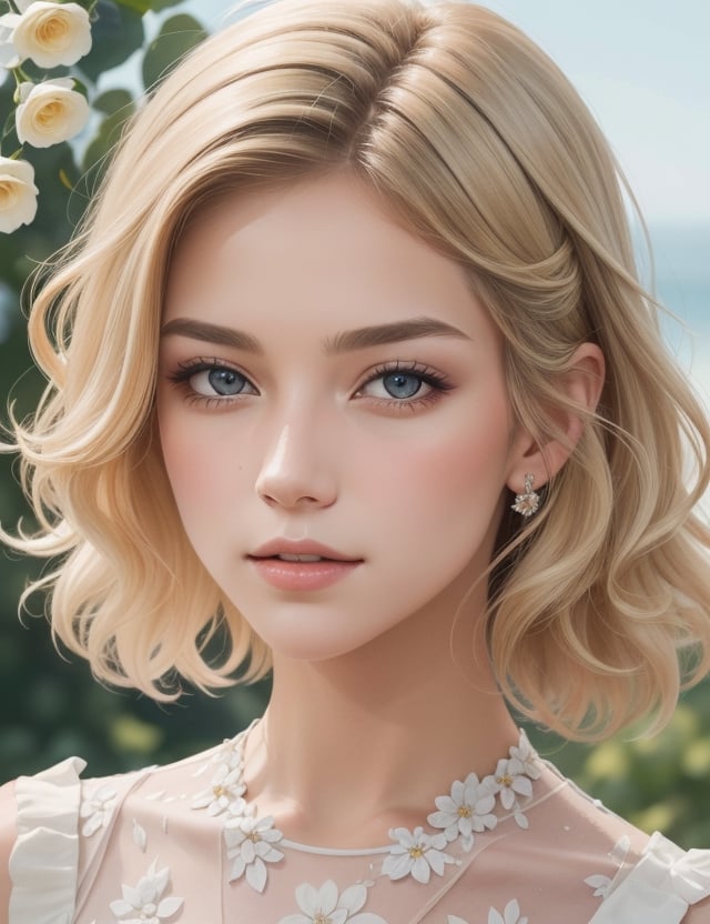 "Craft a compelling, highly detailed description for a watercolor painting portraying a stunning American woman with fair skin, short curly blonde hair, adorned in an elegant white floral dress. The artwork focuses on a close-up, frontal view of her face, rendered in 4k resolution with extreme attention to detail."

