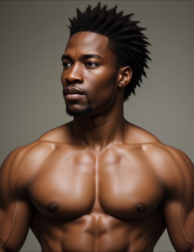 "Create a scintillating 4K realistic portrait of a handsome African man. Focus on intricate details, highlighting his deep black skin, full lips, and a muscular physique as he poses shirtless with a sensual expression. Ensure the background is simple, allowing the subject to shine. Aim for extreme details reminiscent of artists like Chuck Close, Amy Sherald, and Richard Estes. Edit the final image using Adobe Premiere for an added layer of sophistication."

