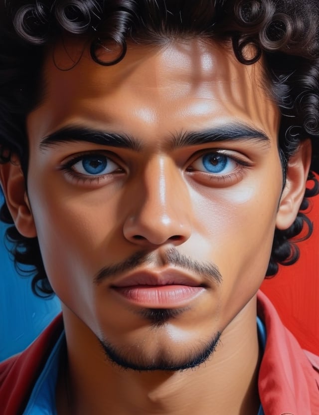 Craft an intense gouache artwork on canvas featuring a 23-year-old Mexican man. Highlight his fair skin tone, blue eyes, and afro-black hair dyed in vibrant red hues in a close-up of his face. Infuse the intense details reminiscent of Denis Chernov's powerful gouache techniques, ensuring superior quality and extreme attention to facial features. Capture the vibrancy seen in Anja Van Herle's portraits for a unique blend of color and emotion, drawing inspiration from the poetic realism of Juan Carlos Manjarrez to deliver a compelling and detailed artistic representation.

