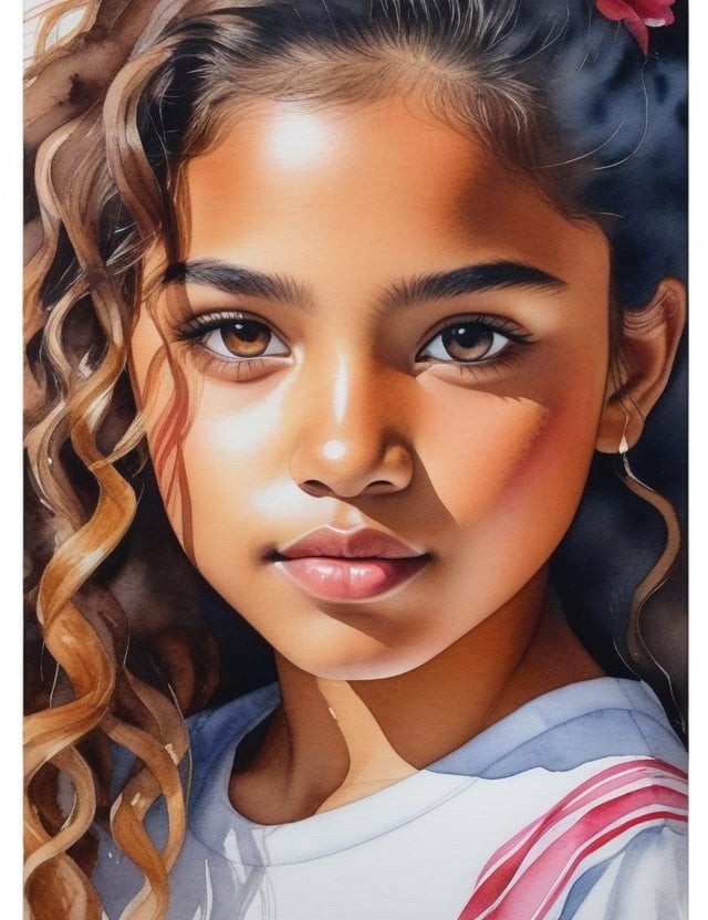 Create a captivating watercolor artwork on canvas, portraying a 13-year-old Mexican girl with caramel skin and loose, curly hair. The focus is on a close-up of her face. Utilize the delicate strokes of watercolor to intricately capture every nuance. Craft a superior watercolor art piece on canvas that vividly showcases the unique features of her appearance.

