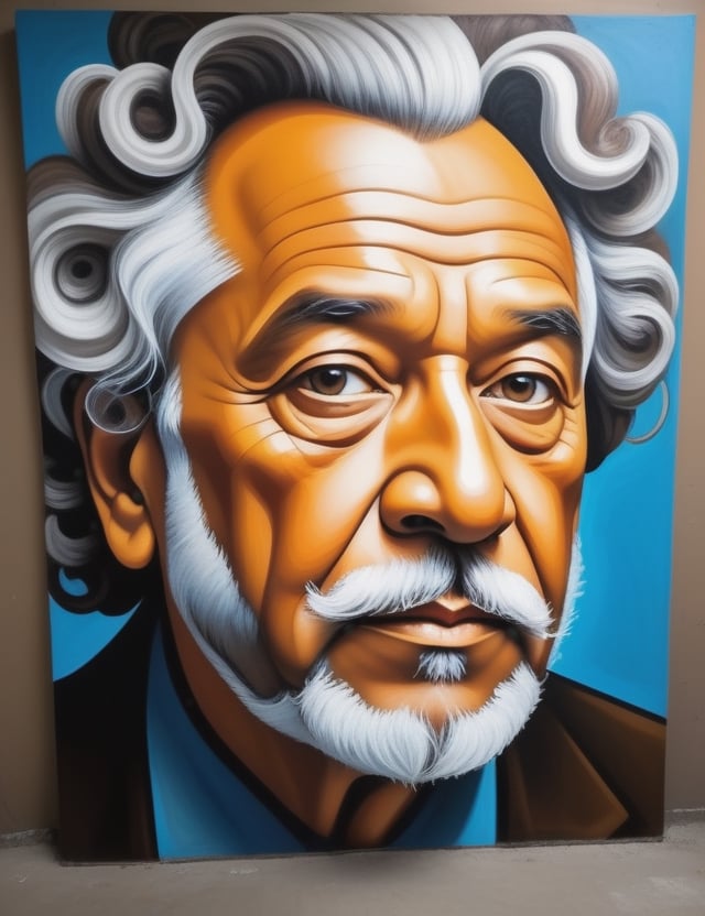 "Create a monumental wall painting portraying a 60-year-old Russian man. Capture the grandeur of his white and elegant suit, showcasing the details of his grey, curly hair, and deep dark brown eyes in a close-up of his face. Draw inspiration from muralists like Diego Rivera, Banksy, and Kobra, known for their ability to convey identity and stories through impactful and large-scale wall paintings."

