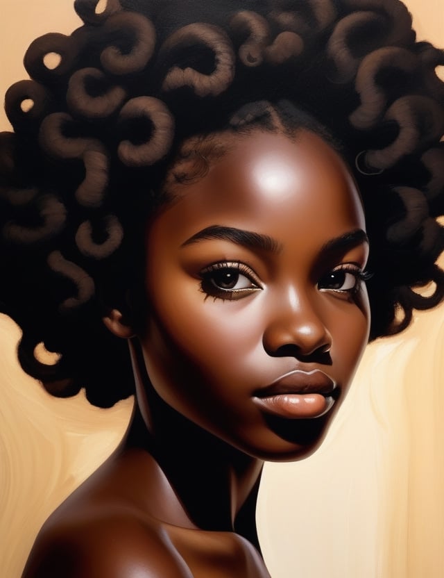 Create a compelling canvas artwork using a brush, featuring a 15-year-old girl from Mozambique. Capture the intricate details of her deep black skin tone and her tightly coiled, dry curls. The composition should focus on a close-up of her face, emphasizing the unique texture of her hair and the richness of her complexion. Utilize meticulous brushwork to convey the subtleties of her features, ensuring a lifelike and expressive portrayal.

