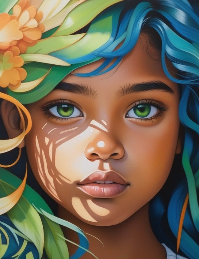 Craft an expressive gouache artwork on canvas featuring a 15-year-old Australian girl. Emphasize her caramel skin tone, green eyes, and tightly curled, cohesive blue hair in a close-up of her face. Infuse the expressive details reminiscent of Karla Ortiz's dynamic gouache techniques, ensuring superior quality and extreme attention to facial features. Capture the vibrancy seen in Helice Wen's portraits for a unique blend of color and emotion, drawing inspiration from the detailed technique of Audra Auclair to deliver a captivating and detailed artistic representation.

