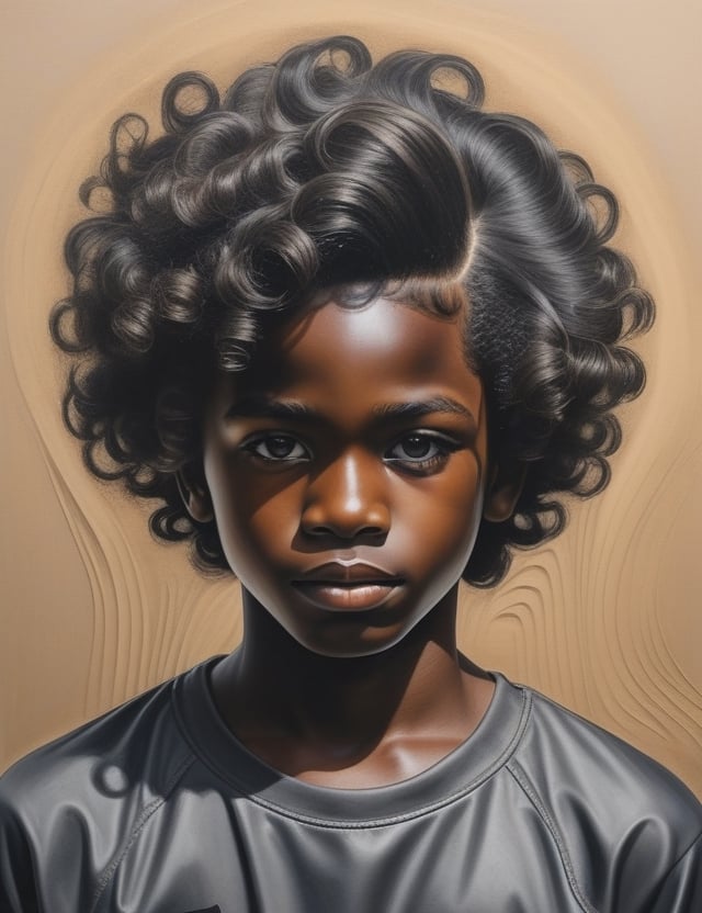 Create a striking wall graffiti artwork portraying a 12-year-old boy from Nigeria using graphite. Pay meticulous attention to detail, capturing the deep, dark black skin tone and the wavy, tightly coiled texture of his hair. The composition should be a close-up of his face, highlighting the unique features of his complexion and the distinct curls of his hair. Use the graphite medium to convey the subtleties of his expression, ensuring a lifelike and expressive representation.

