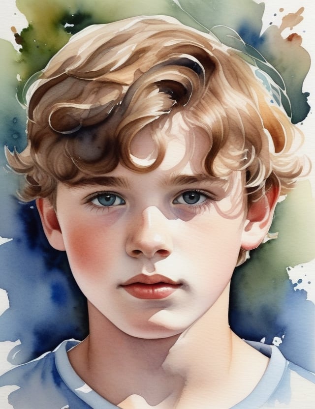 Create a mesmerizing watercolor artwork portraying a 15-year-old Australian boy with fair skin and tightly curled, closely-knit hair. The focus is on a close-up of his face. Use the fluidity and delicacy of watercolors to intricately capture every detail. Craft a superior watercolor piece that elegantly showcases the unique features of his appearance.

