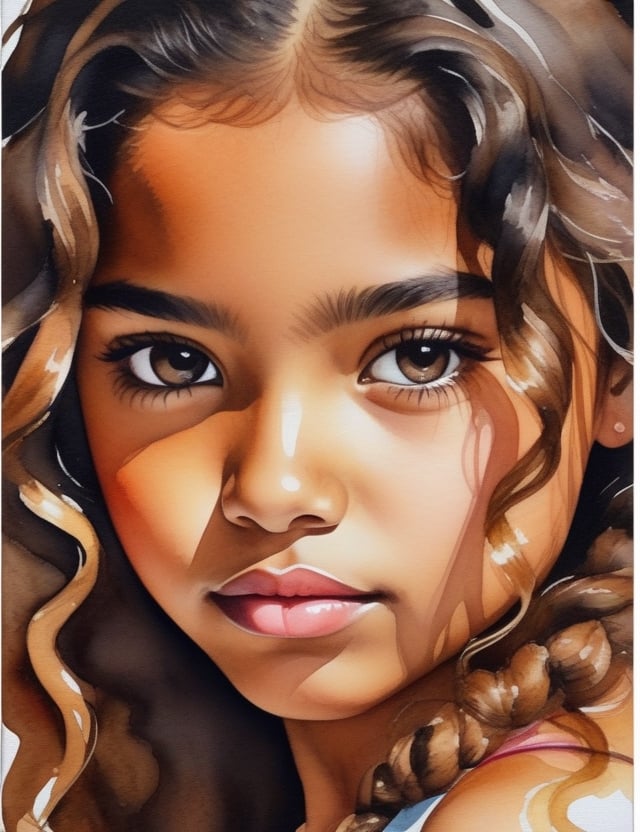 Create a captivating watercolor artwork on canvas, portraying a 13-year-old Mexican girl with caramel skin and loose, curly hair. The focus is on a close-up of her face. Utilize the delicate strokes of watercolor to intricately capture every nuance. Craft a superior watercolor art piece on canvas that vividly showcases the unique features of her appearance.

