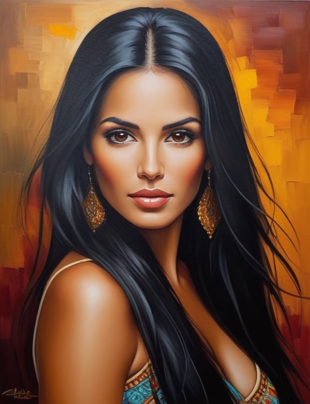 Create a captivating oil painting, portraying a 30-year-old Spanish woman with caramel skin and long, straight black hair. The focus is on a close-up of her face, with a frontal view. Utilize the rich and textured strokes of oil paint to intricately capture every nuance. Craft a superior oil painting that vividly showcases the unique features of her appearance.

