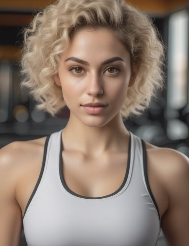 photograph of a beautiful woman of Pakistani origin with white skin tone and light brown eyes with short curly blonde hair wearing gym clothes, close up of her face, extremely realistic details of the woman, background of the image in a gym.
,photorealistic