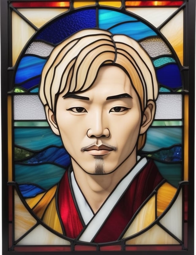 Craft an exquisite stained glass artwork depicting a 40-year-old Japanese man with fair skin and short, blonde hair. The focus is on a close-up of his face. Utilize the vibrant and translucent qualities of stained glass to intricately capture every nuance. Create a superior stained glass art piece that vividly showcases the unique features of his appearance.

