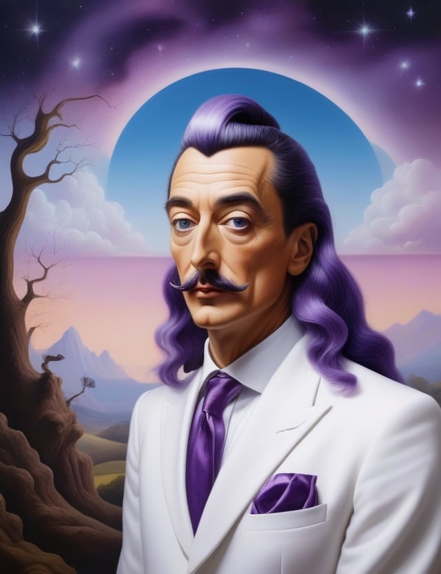 "Craft a surrealistic masterpiece portraying a 30-year-old American man. Envision his fair complexion, long straight hair with purple tips, and the dazzling white suit he wears. Create a close-up of his face with dreamlike details. Draw inspiration from surrealists like Salvador Dalí, René Magritte, and Leonora Carrington, renowned for their ability to transport viewers into fantastical realms through imaginative and dreamy art."

