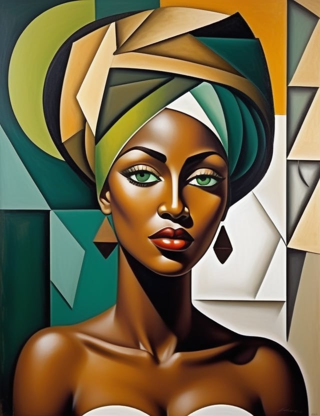 "Craft an abstract cubist artwork portraying a beautiful African woman with prominent breasts. Utilize fragmented geometric shapes to capture the essence of her dark black complexion, full lips, and the fine white bikini she wears. Emphasize the abstraction of forms while portraying the alluring details of her green eyes. Draw inspiration from cubist artists like Pablo Picasso, Georges Braque, and Juan Gris, known for their ability to convey depth and emotion through fractured forms."


