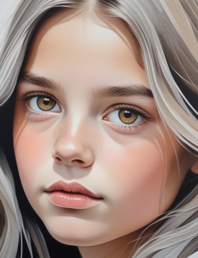 Create a delicate gouache artwork on canvas featuring a 12-year-old English girl. Emphasize her fair skin tone, light brown eyes, and long, straight gray hair in a close-up of her face. Infuse the subtle details reminiscent of Lisa Congdon's gentle gouache techniques, ensuring superior quality and extreme attention to facial features. Capture the delicacy seen in Agata Wierzbicka's portraits for a unique blend of softness and realism, drawing inspiration from the realistic approach of Cinta Vidal to deliver an exquisite and detailed artistic representation.

