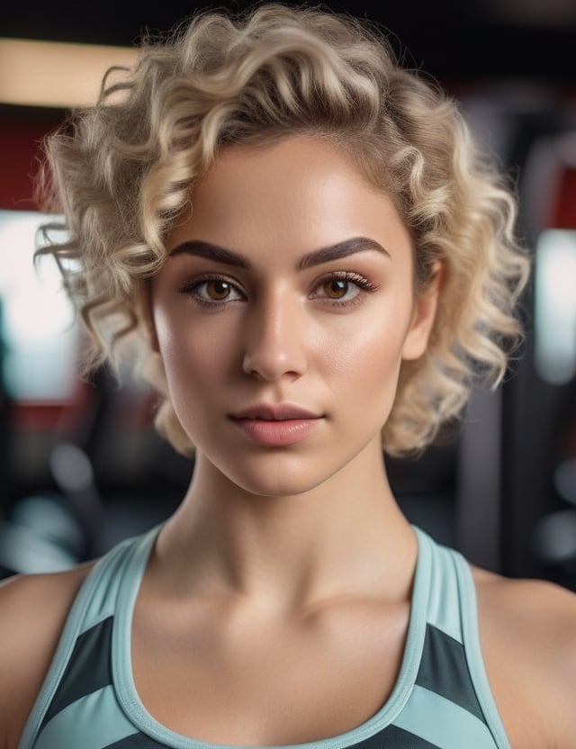 photograph of a beautiful woman of Pakistani origin with white skin tone and light brown eyes with short curly blonde hair wearing gym clothes, close up of her face, extremely realistic details of the woman, background of the image in a gym.
,photorealistic