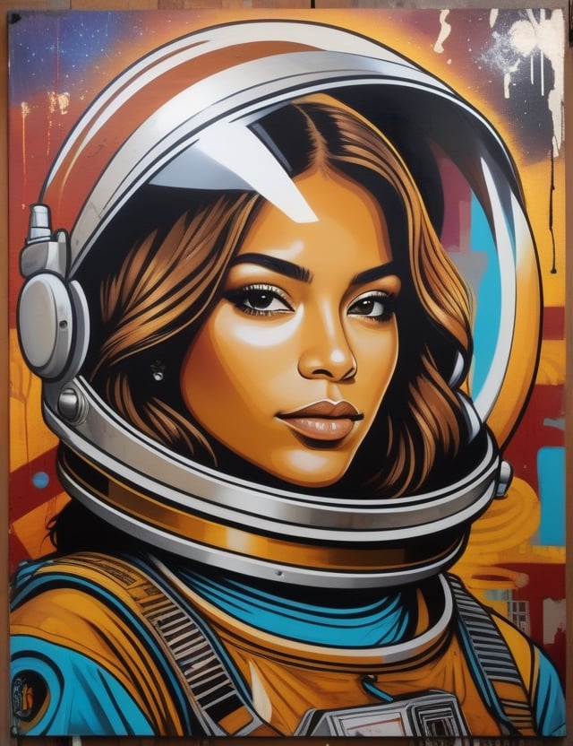 "Craft an urban graffiti artwork portraying a stunning 20-year-old Mexican woman. Capture the vibrancy of her light brown complexion and the allure of her short, caramel-colored, slightly wavy hair. She wears a space suit, and the artwork should focus on a frontal, close-up view of her face. Draw inspiration from graffiti artists like Banksy, Os Gêmeos, and Shepard Fairey, known for their ability to create impactful and visually striking works in urban settings."

