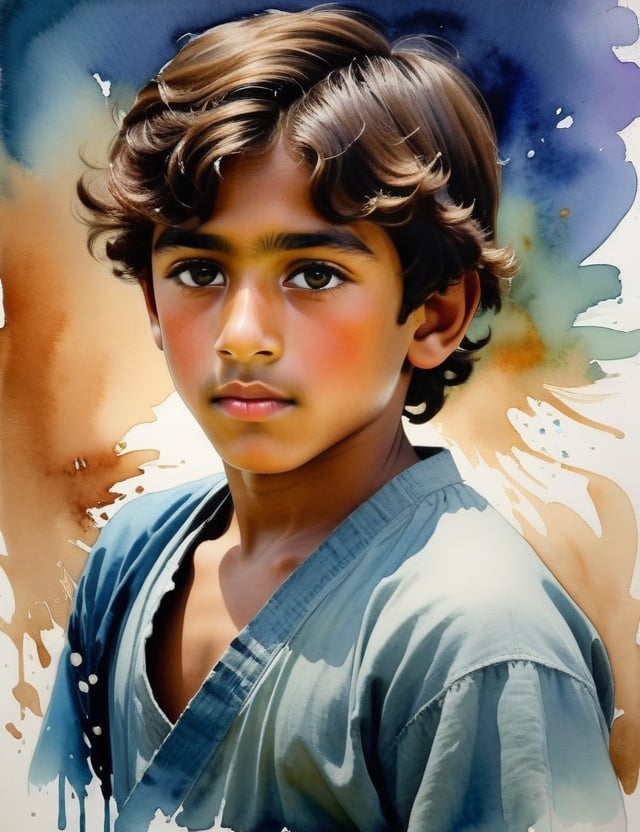 Create a mesmerizing watercolor splash artwork on canvas featuring a 15-year-old Arab boy. His skin tone is pale, eyes a rich chestnut brown, and his short, wavy hair adds character. Capture a close-up of his face with utmost intricacy and superior quality, ensuring the details are extreme. Incorporate the emotive style reminiscent of John Singer Sargent, the vibrant dynamism of Winslow Homer, and the soulful expressiveness found in the works of Z.L. Feng.

