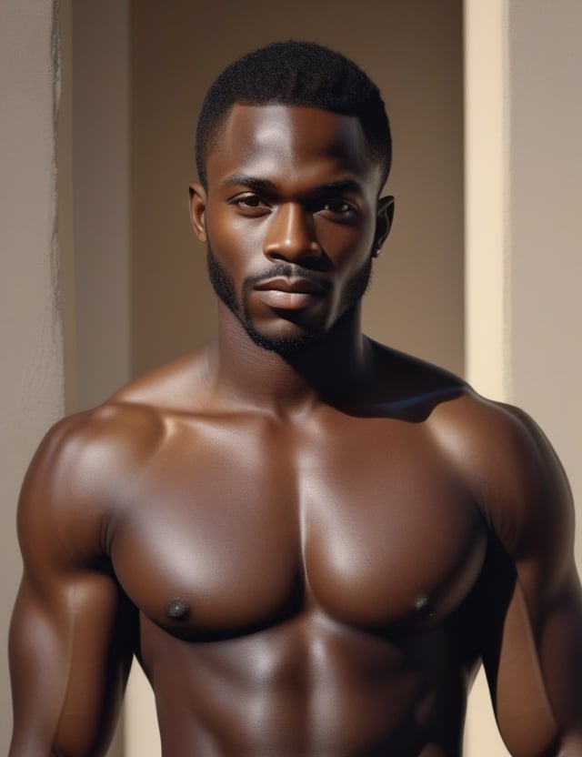 "Create a scintillating 4K realistic portrait of a handsome African man. Focus on intricate details, highlighting his deep black skin, full lips, and a muscular physique as he poses shirtless with a sensual expression. Ensure the background is simple, allowing the subject to shine. Aim for extreme details reminiscent of artists like Chuck Close, Amy Sherald, and Richard Estes. Edit the final image using Adobe Premiere for an added layer of sophistication."

