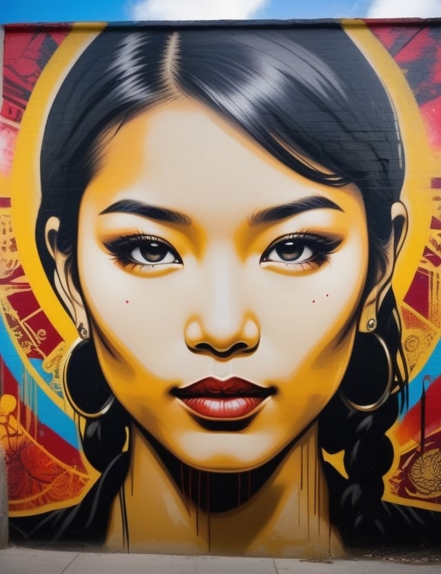 "Create a vibrant wall graffiti portraying a beautiful 20-year-old Asian woman. Capture the urban modernity with her fair complexion, short blonde hair, and the dazzling black shiny dress she wears. Focus on a close-up of her face, bringing out the lively expression. Draw inspiration from graffiti artists like Banksy, Os Gêmeos, and Shepard Fairey, known for their ability to infuse energy and vibrancy into urban settings through impactful and visually striking works."

