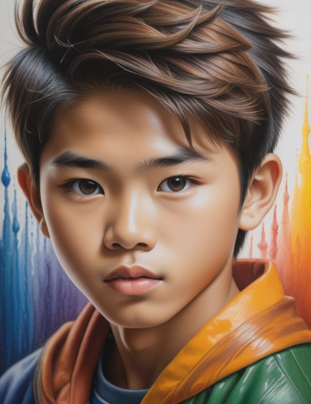 Create an intricate crayon painting artwork, portraying a 15-year-old Asian boy with caramel skin and spiky, short hair. Focus on a close-up of his face, intricately capturing details in the style of crayon painting. Draw inspiration from the intricate details and expressiveness in crayon paintings by Ester Roi, the unique technique and vibrancy in crayon works by Don Marco, and the realism and softness in crayon paintings by Paul Cristina. Craft a superior crayon painting that seamlessly blends these influences into an outstanding portrayal.

