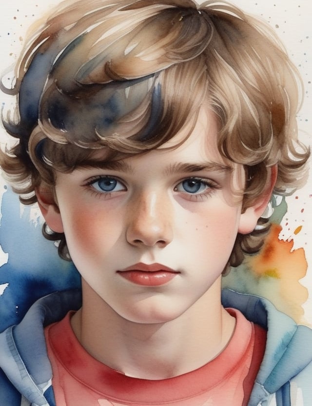 Create a mesmerizing watercolor artwork portraying a 15-year-old Australian boy with fair skin and tightly curled, closely-knit hair. The focus is on a close-up of his face. Use the fluidity and delicacy of watercolors to intricately capture every detail. Craft a superior watercolor piece that elegantly showcases the unique features of his appearance.

