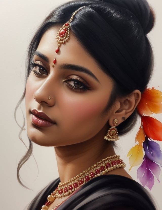 "Create a mesmerizing 4K watercolor painting capturing the exquisite beauty of an Indian woman. Focus on intricate details, portraying her caramelo skin tone, long straight black hair, and a radiant red dress. The composition should be a frontal, close-up view of her face. Ensure the final artwork reflects the level of detail seen in works by artists like John Singer Sargent, Agnes Cecile, and Raja Ravi Varma."

