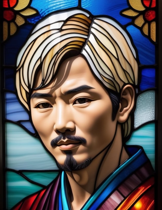 Craft an exquisite stained glass artwork depicting a 40-year-old Japanese man with fair skin and short, blonde hair. The focus is on a close-up of his face. Utilize the vibrant and translucent qualities of stained glass to intricately capture every nuance. Create a superior stained glass art piece that vividly showcases the unique features of his appearance.

