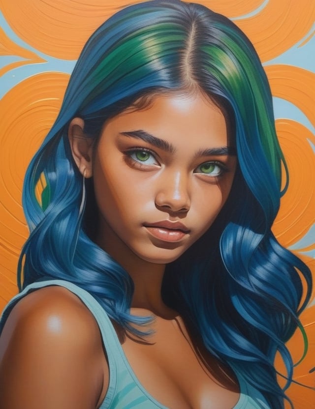 Craft an expressive gouache artwork on canvas featuring a 15-year-old Australian girl. Emphasize her caramel skin tone, green eyes, and tightly curled, cohesive blue hair in a close-up of her face. Infuse the expressive details reminiscent of Karla Ortiz's dynamic gouache techniques, ensuring superior quality and extreme attention to facial features. Capture the vibrancy seen in Helice Wen's portraits for a unique blend of color and emotion, drawing inspiration from the detailed technique of Audra Auclair to deliver a captivating and detailed artistic representation.

