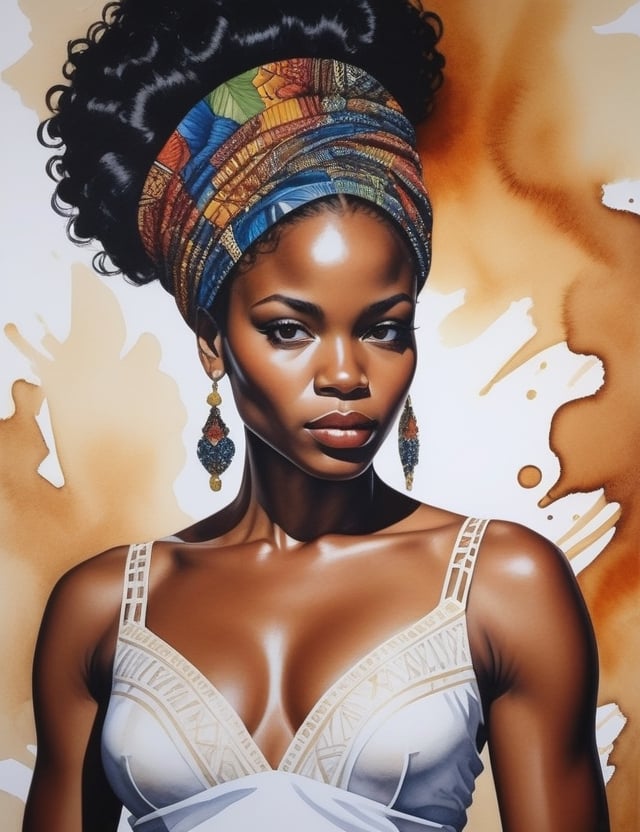 "Craft a stunning 4K watercolor painting depicting the grace of an African woman. Concentrate on intricate details, showcasing her deep black, short, curly hair, and a luminous white dress. The composition should offer a frontal, close-up view of her face. Aim for extreme details reminiscent of artists like Kehinde Wiley, Mary Whyte, and Wangechi Mutu."

