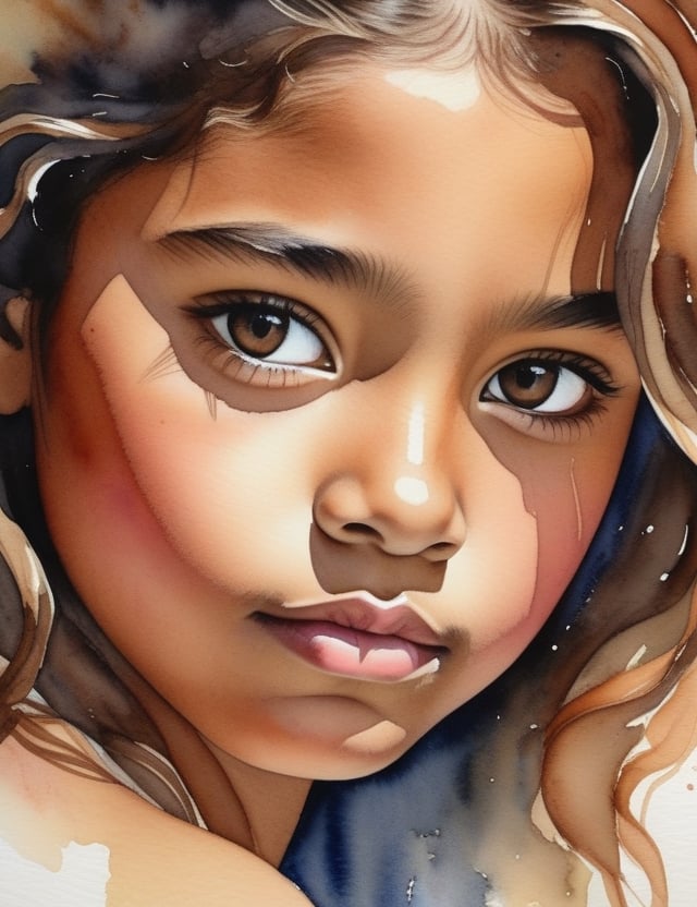 Create a mesmerizing watercolor artwork portraying a 12-year-old Mexican girl with caramel skin and straight, loosely curled hair. The focus is on a close-up of her face. Utilize the delicate strokes of watercolor to intricately capture every nuance. Craft a superior watercolor art piece that vividly showcases the unique features of her appearance.

