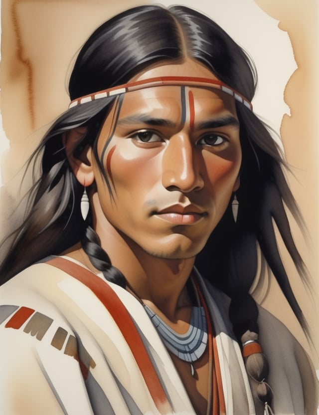 "Create a watercolor painting portraying a 20-year-old Native American man from North America. Capture the serenity of his light brown complexion, long black hair, and the authenticity of his traditional Native American attire in a close-up of his face. Emphasize the cultural details with respect and precision. Draw inspiration from watercolor artists like Charles Demuth, John Singer Sargent, and Agnes Goodsir, known for their ability to convey depth and serenity in portraits."

