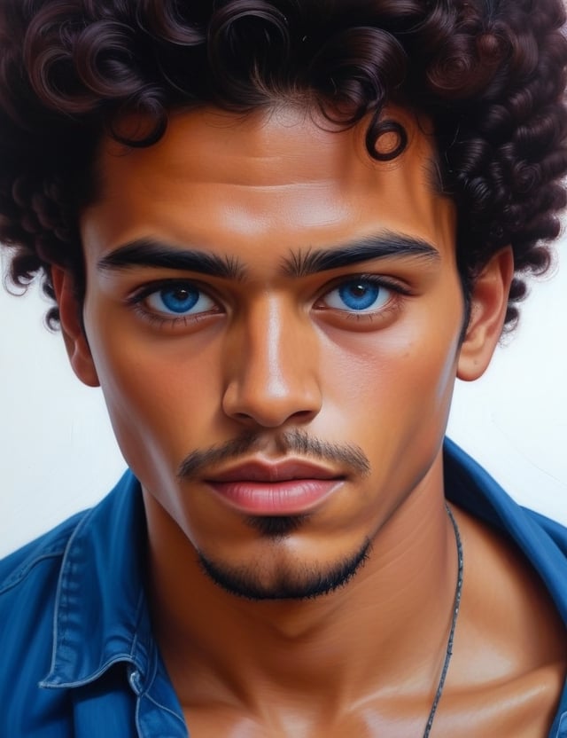 Craft an intense gouache artwork on canvas featuring a 23-year-old Mexican man. Highlight his fair skin tone, blue eyes, and afro-black hair dyed in vibrant red hues in a close-up of his face. Infuse the intense details reminiscent of Denis Chernov's powerful gouache techniques, ensuring superior quality and extreme attention to facial features. Capture the vibrancy seen in Anja Van Herle's portraits for a unique blend of color and emotion, drawing inspiration from the poetic realism of Juan Carlos Manjarrez to deliver a compelling and detailed artistic representation.

