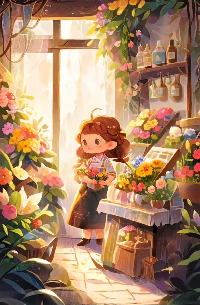 warm pastel colour, brown, anime scenery concept art, immensely detailed scene, a beautiful artwork illustration, detailed scenery, environment design illustration, highly detailed scene, beautiful anime scene, anime scenery, detailed soft painting, oil painting, holding bouquet, more detail XL