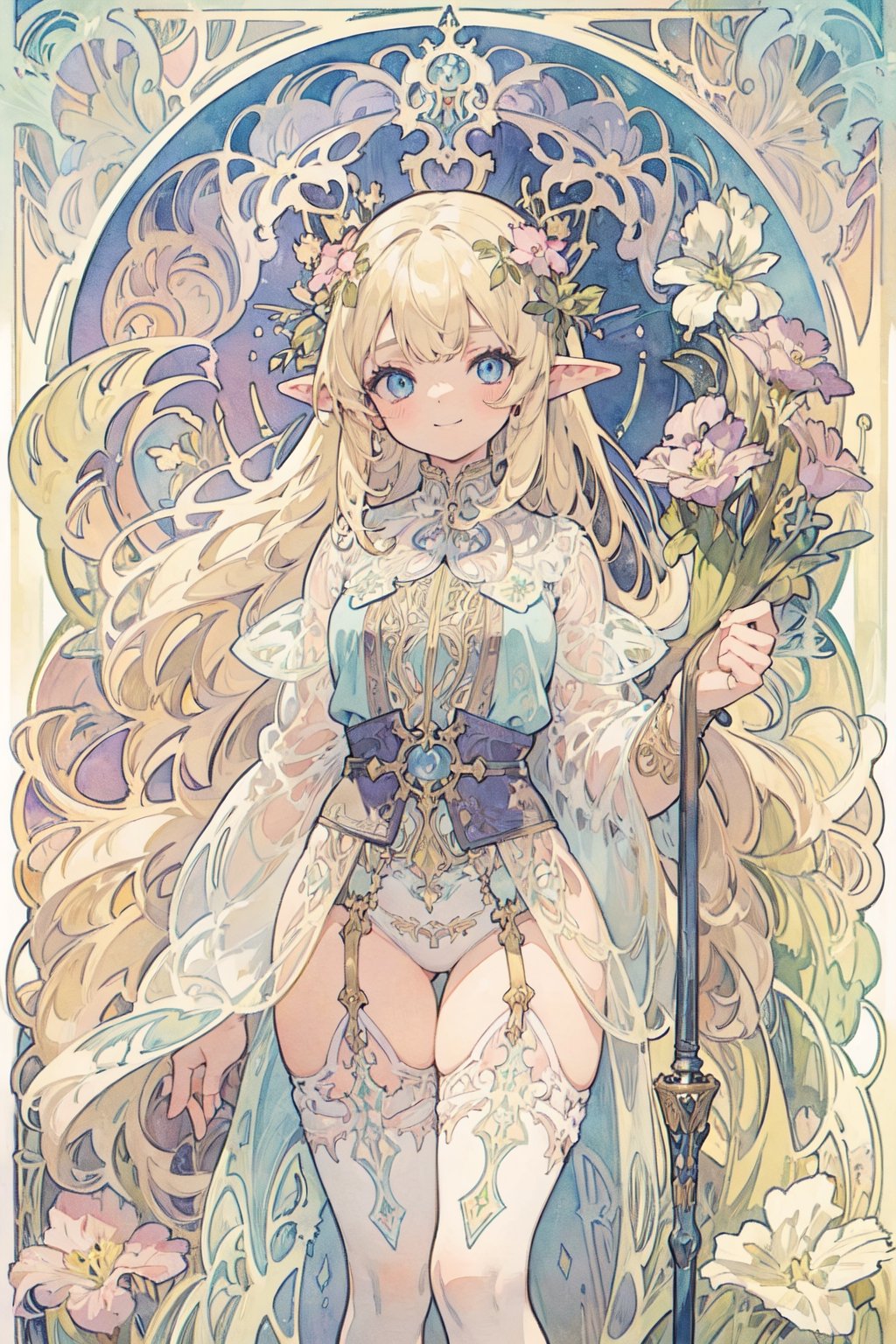 (masterpiece, best quality, highly detailed, ultra-detailed, intricate), illustration, pastel colors, art_nouveau, Art Nouveau by Alphonse Mucha, tarot, A teenage female elf, blonde hair, blue eyes, wearing lingerie, see-through, carrying a cane in her hand, is smiling, (A cute cat next to her),full of innocence, innocence and no fear. The Fool card represents a new beginning, new adventures and challenges, and a spirit of faith, courage, and optimism,watercolor,masterpiece