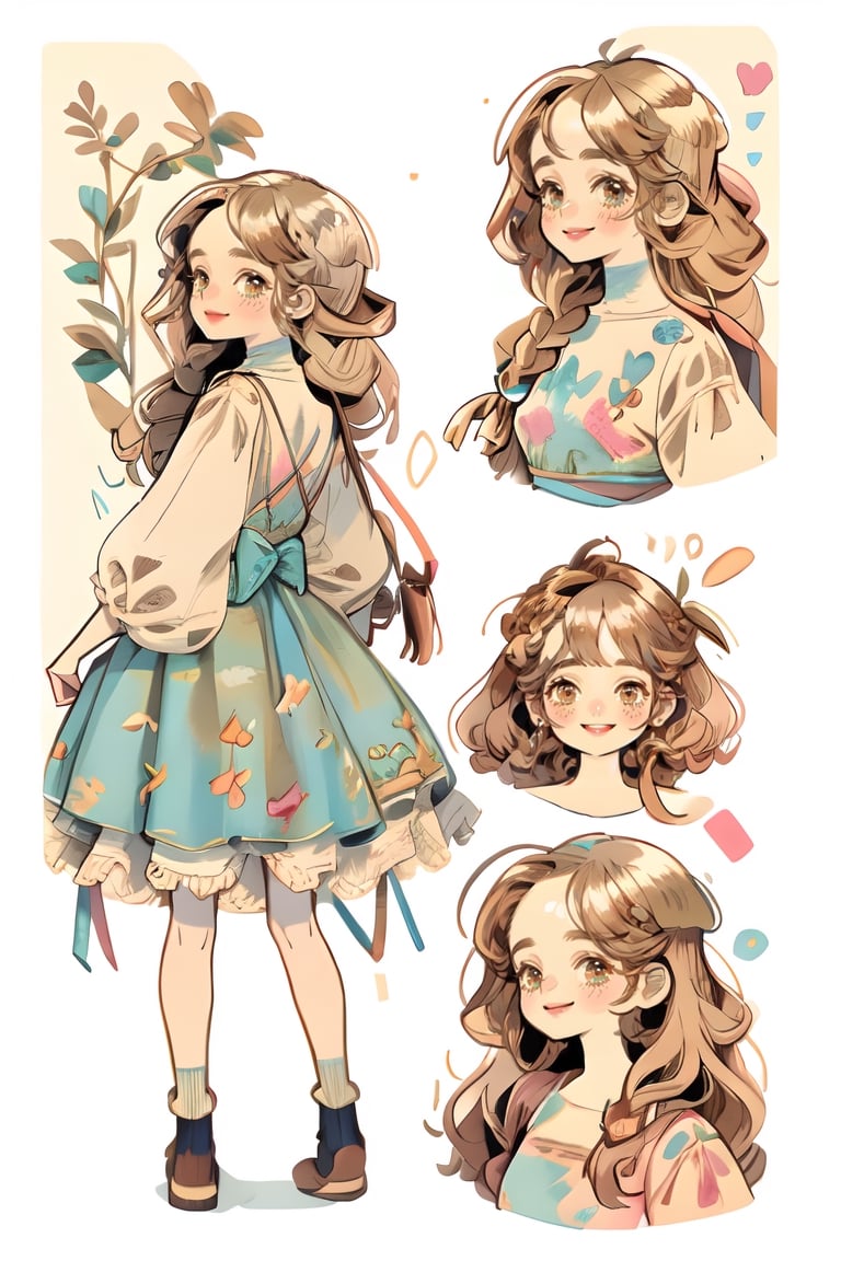 (masterpiece, best quality), hyperdetailed, warm pastel colour, flat color, brown, ultra detailed, smile, detailed eyes, 1 girl, grey braid hair, ((she wears only brown vintage dress)), charismatic, character sheet, (multiple views, full body, upper body, back view, reference sheet:1), hair style(lora:GirlfriendMix2:1),monochrome,sketch,greyscalee,watercolor, vintagepaper