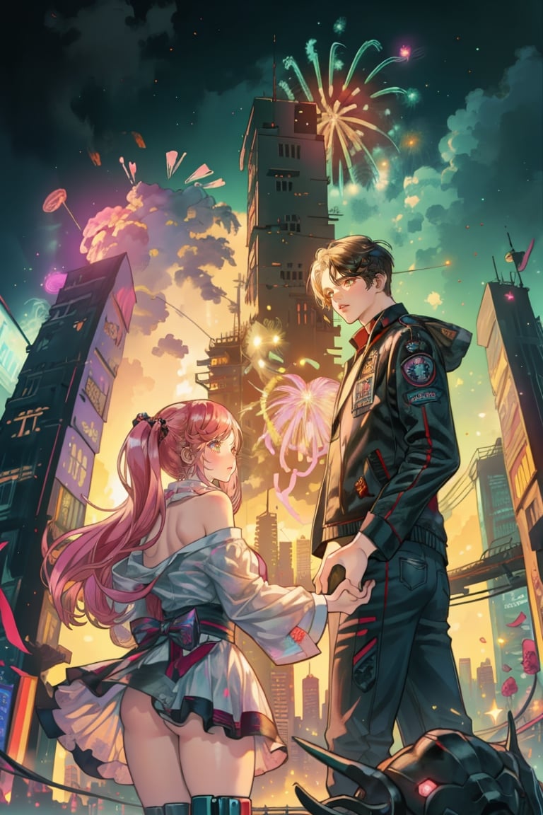 ((1boy)) and 1girl, holding hands and looki back, ((many fireworks explode over a city skyline)), best quality, masterpiece,((BOTTOM VIEW)), cyber_asia, dark night, best hands, perfect hands, neon light,C7b3rp0nkStyle