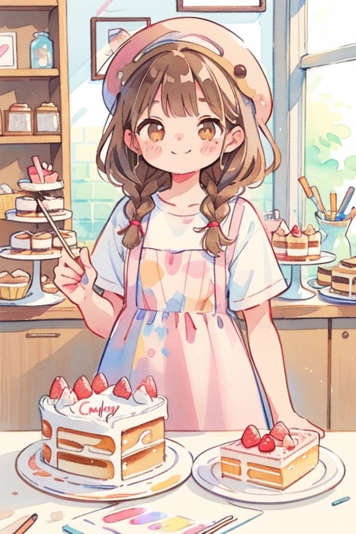 (Watercolor, messy line, pencil sketch, colorful line), warm pastel color, (brown), kawaii, cute colors, synthetic, transparent, 1girl, pale skin, brown braid hair, head_wear, brown eyes, smile, vintage dress, closed mouth, making cakes, (cake shop, indoor) vintage-paper, line_art,watercolor