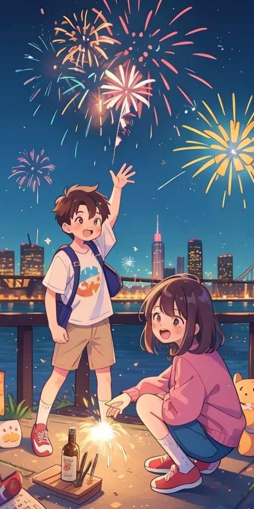 Teenage boy and girl watch fireworks explode over a city skyline, marking the beginning of the new year,best quality, masterpiece