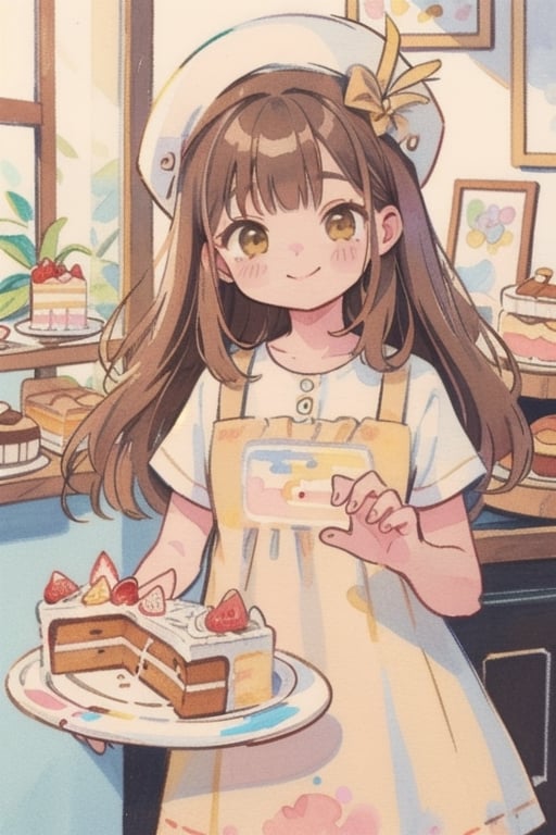 (Watercolor, colorpencil painting), warm pastel color, brown, yellow, kawaii, cute colors, synthetic, transparent, 1girl, pale skin, brown long hair, head_wear, brown eyes, smile, brown vintage dress, headwear, closed mouth, making cakes, (cake shop, indoor), vintagepaper