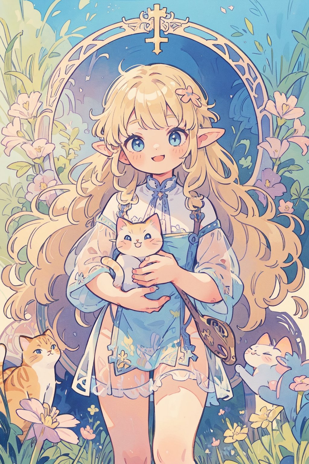 (masterpiece, best quality, highly detailed, ultra-detailed, intricate), illustration, pastel colors, art_nouveau, Art Nouveau by Alphonse Mucha, tarot, A teenage female elf, blonde hair, blue eyes, wearing lingerie, see-through, carrying a lute in her hand, is smiling, ((A cute cat next to her)),full of innocence, innocence and no fear. The Fool card represents a new beginning, new adventures and challenges, and a spirit of faith, courage, and optimism,watercolor,masterpiece,kawaiitech