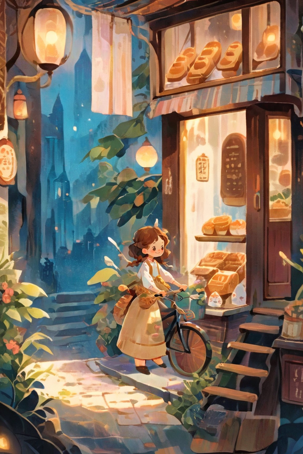 a beautiful artwork illustration, detailed scenery, environment design illustration, highly detailed scene, beautiful anime scenery concept art, immensely detailed scene, vintage paper, more detail XL, Warm pastel colors, shuicaixiaodian, girl, brown braid hair, cute, kawaii, beautiful face, wheeled her bicycle