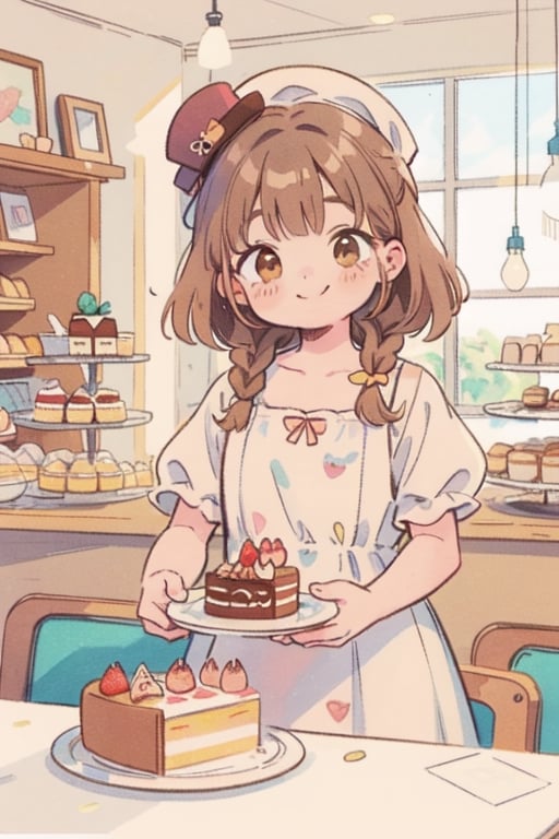 (messy line, colourful line), warm pastel color, (brown), kawaii, cute colors, synthetic, transparent, 1girl, pale skin, brown braid hair, head_wear, brown eyes, smile, vintage dress, closed mouth, making cakes, (cake shop, indoor) vintage-paper, line_art,watercolor,lineart