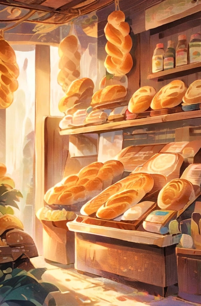 warm pastel colour, brown, painting of an indoor bread shop, anime scenery concept art, immensely detailed scene, a beautiful artwork illustration, detailed scenery, environment design illustration, highly detailed scene, beautiful anime scene, anime scenery, detailed soft painting, oil painting,1 girl, glowing eyes, brown braided hair, beautiful face, seller, vintagepaper, children's picture books, vintagepaper