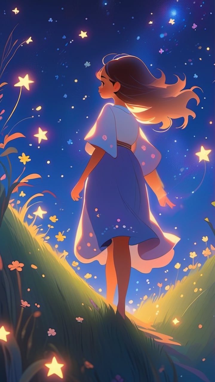 Create an enchanting scene of a young white skin girl strolling atop a hill beneath a starlit sky, lost in contemplation. Capture the serene landscape of a lush hill, adorned with flowers, while the night sky above is filled with a myriad of twinkling stars. Illustrate the girl's walking motion, each step gently pressing into the grass and stones. Choose a simple and flowing attire, perhaps a light dress or jeans and a shirt, reflecting the carefree ambiance of the night. Emphasize the movement of her hair swaying in the wind, adding a dynamic touch to the composition. Include elements such as constellations and shooting stars to enhance the dreamlike atmosphere of the celestial backdrop. Highlight any accessories or items she may hold, contributing to the narrative. Illuminate the scene with the soft glow from the stars above and ambient ground lights, weave a visual tale of a thoughtful girl navigating the hill, merging the tranquility of nature with the magic of the night sky, High detailed ,firefliesfireflies,yofukashi background,Flat vector art,Flat Design