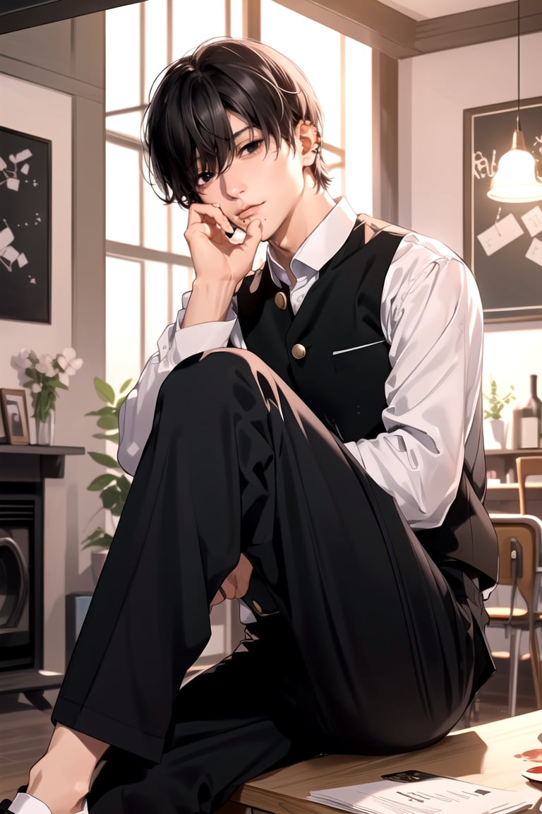 (handsome, black eyes, glowing eyes, sharp eyes,), sexy, looking_at_viewer,  livingroom, an painting of yoshidadef, 1boy, black hair, black eyes, mole under mouth, short hair, school uniform, gakuran, black pants, best hands, perfect hands, perfect, hold the head, sitting on a chair