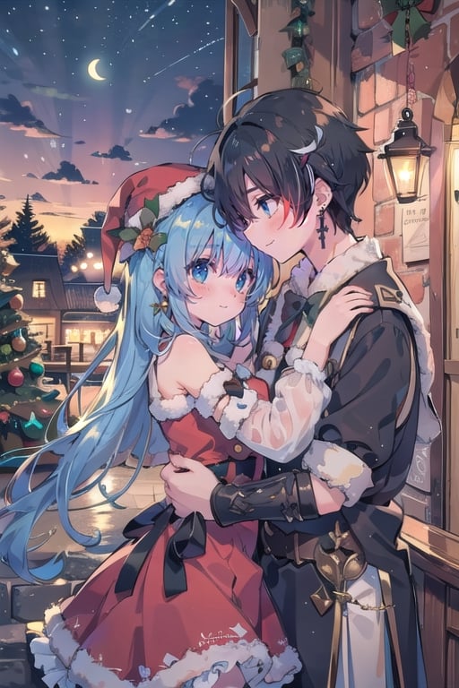 (masterpiece), scenery, night, 1girl, 1boy, blue eyes, christmas dress, black hair, red dress, long hair, bangs,  smile, blush, hat flower, closed mouth, frills, long sleeves, earrings, jewelry, cloud, standing, bare shoulders, colored inner hair, detached sleeves, lamppost, bow, hat bow, multicolored hair,Christmas Room,SantaLap, forehead to forehead