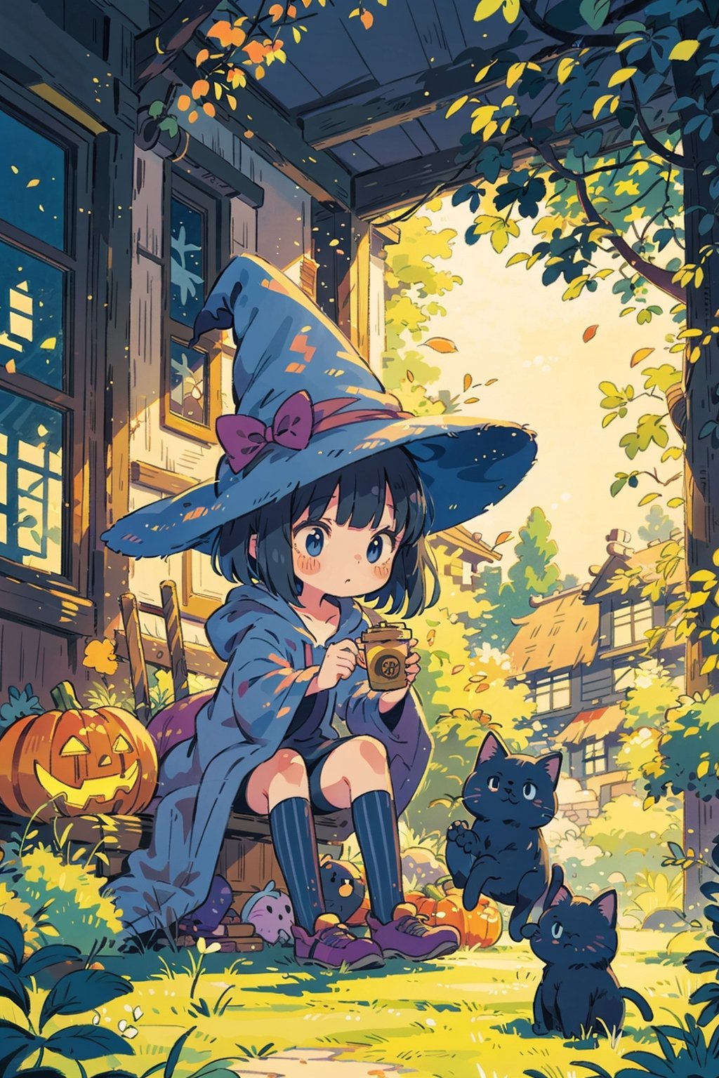 masterpiece, best quality, nice hands, perfect hands, 1 girl, pale, white skin, bluish_black_hair, bob_cut, straight hair, blunt bangs, dark_blue_eyes, black eyes, flat_chested, halloween striped thighhighs, witch hat, hoodie, shy, blush, animal, cat, cozy, fall, autumn, coffee, falling leaves, pumpkins, blanket, clutter, window, ghibli studio style,ghibli style, cinematic light, cinematic view, High detailed,