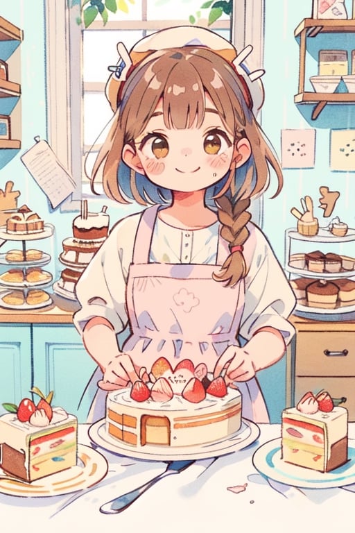 (messy line, colourful line), warm pastel color, (brown), kawaii, cute colors, synthetic, transparent, 1girl, pale skin, brown braid hair, head_wear, brown eyes, smile, vintage dress, closed mouth, making cakes, (cake shop, indoor, vintage-paper),watercolor,lineart